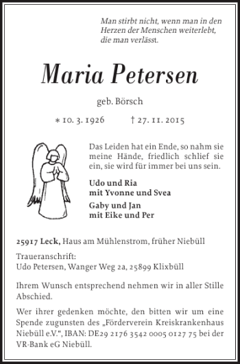 Traueranzeige von Maria Petersen von Nordfriesland Tageblatt