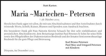 Traueranzeige von Maria Mariechen Petersen von Husumer Nachrichten