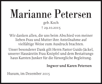 Traueranzeige von Marianne Petersen von Husumer Nachrichten
