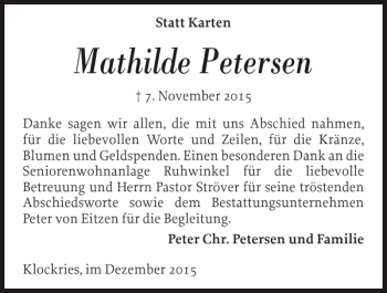 Traueranzeige von Mathilde Petersen von Nordfriesland Tageblatt