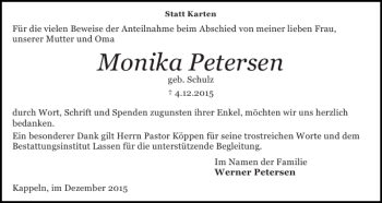 Traueranzeige von Monika Petersen von Schlei-Bote