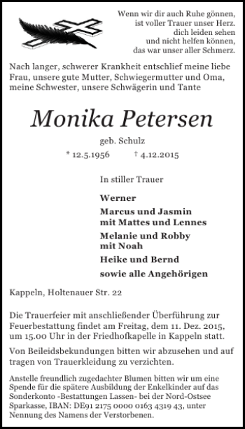 Traueranzeige von Monika Petersen von Schlei-Bote