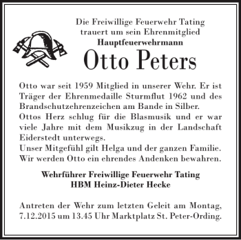 Traueranzeige von Otto Peters von Husumer Nachrichten