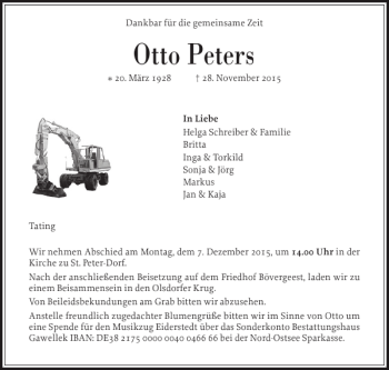 Traueranzeige von Otto Peters von Husumer Nachrichten