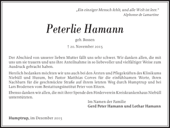 Traueranzeige von Peterlie Hamann von Nordfriesland Tageblatt