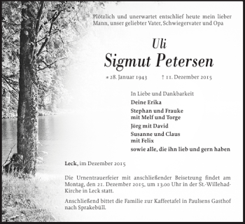 Traueranzeige von Sigmut Petersen von Nordfriesland Tageblatt