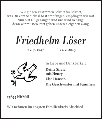 Traueranzeige von Friedhelm Löser von Nordfriesland Tageblatt