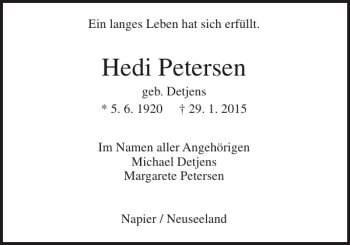 Traueranzeige von Hedi Petersen von Pinneberger Tageblatt