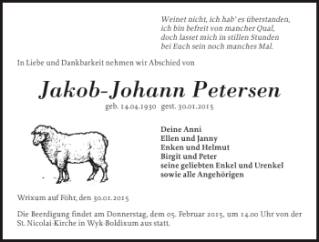 Traueranzeige von Jakob-Johann Petersen von Der Insel-Bote
