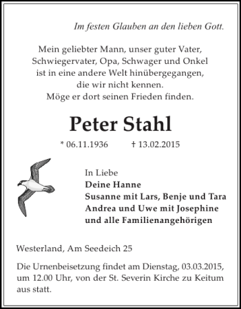 Traueranzeige von Peter Stahl von Sylter Rundschau