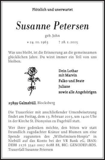 Traueranzeige von Susanne Petersen von Nordfriesland Tageblatt