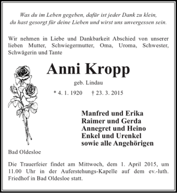 Traueranzeige von Anni Kropp von Stormarner Tageblatt