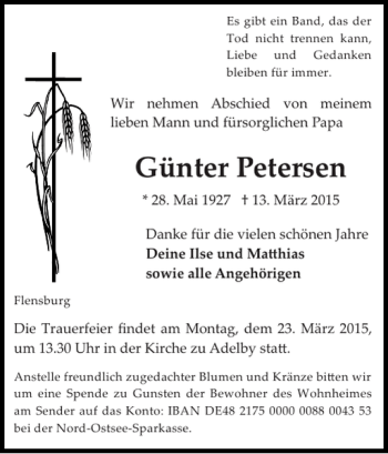 Traueranzeige von Günter Petersen von Flensburger Tageblatt