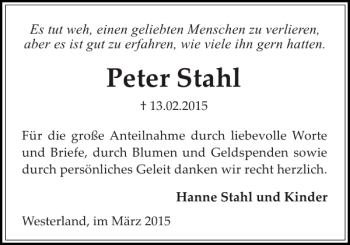 Traueranzeige von Peter Stahl von Sylter Rundschau