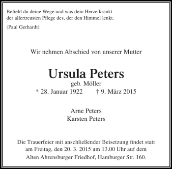 Traueranzeige von Ursula Peters von Stormarner Tageblatt