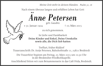 Traueranzeige von Änne Petersen von Husumer Nachrichten