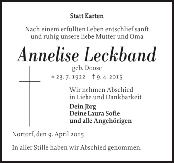 Traueranzeige von Annelise Leckband von Landeszeitung