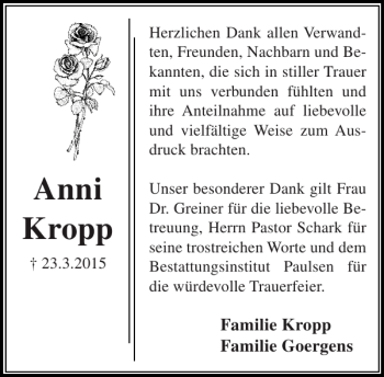 Traueranzeige von Anni Kropp von Stormarner Tageblatt