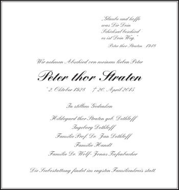 Traueranzeige von Peter thor Straten von Norddeutsche Rundschau