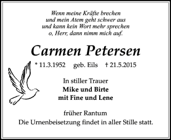 Traueranzeige von Carmen Petersen von Sylter Rundschau