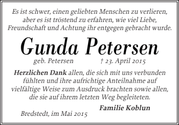 Traueranzeige von Gunda Petersen von Husumer Nachrichten
