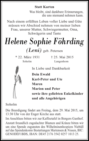 Traueranzeige von Helene Sophie Föhrding von Husumer Nachrichten