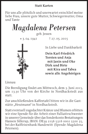 Traueranzeige von Magdalena Petersen von Flensburger Tageblatt