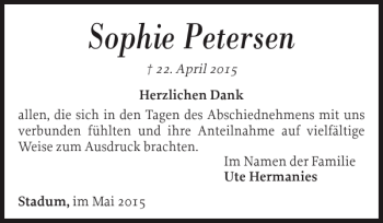 Traueranzeige von Sophie Petersen von Nordfriesland Tageblatt