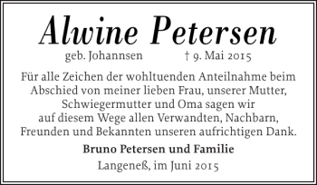 Traueranzeige von Alwine Petersen von Husumer Nachrichten