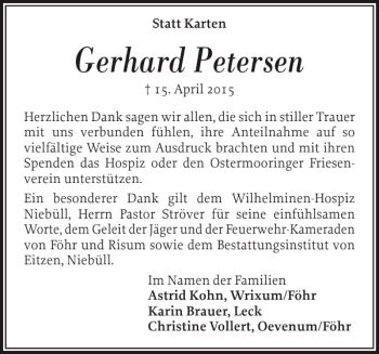 Traueranzeige von Gerhard Petersen von Der Insel-Bote