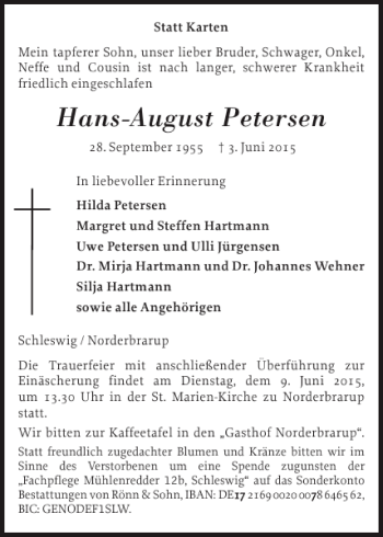 Traueranzeige von Hans-August Petersen von Flensburger Tageblatt