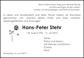 Traueranzeige von Hans-Peter Stehr von Pinneberger Tageblatt