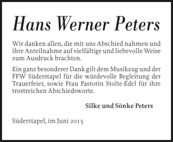 Traueranzeige von Hans Werner Peters von Landeszeitung