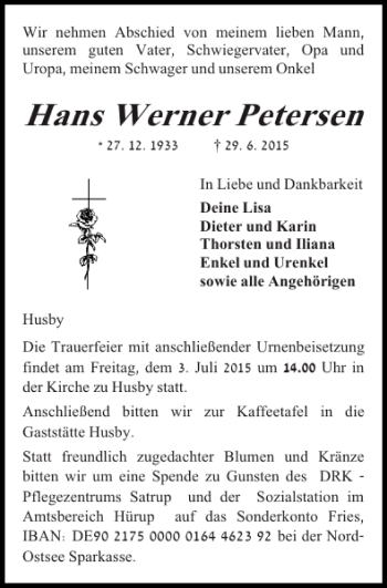 Traueranzeige von Hans Werner Petersen von Flensburger Tageblatt