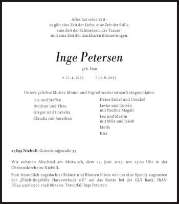 Traueranzeige von Inge Petersen von Nordfriesland Tageblatt