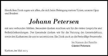 Traueranzeige von Johann Petersen von Flensburger Tageblatt