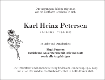 Traueranzeige von Karl Heinz Petersen von Elmshorner Nachrichten
