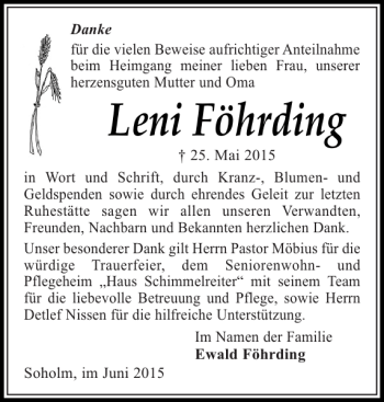 Traueranzeige von Leni Föhrding von Husumer Nachrichten