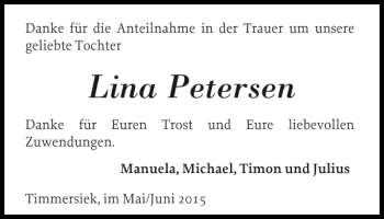 Traueranzeige von Lina Petersen von Flensburger Tageblatt
