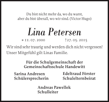 Traueranzeige von Lina Petersen von Flensburger Tageblatt