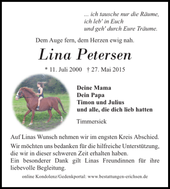 Traueranzeige von Lina Petersen von Flensburger Tageblatt
