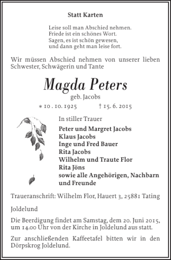 Traueranzeige von Magda Peters von Flensburger Tageblatt
