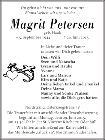 Traueranzeige von Magrit Petersen von Husumer Nachrichten