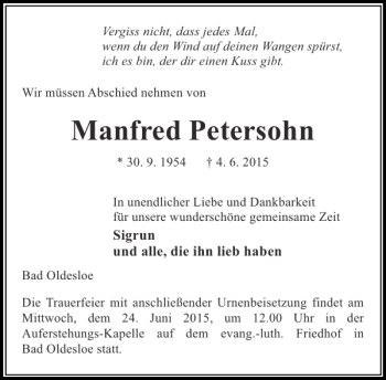 Traueranzeige von Manfred Petersohn von Stormarner Tageblatt