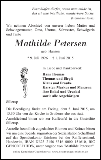 Traueranzeige von Mathilde Petersen von Flensburger Tageblatt