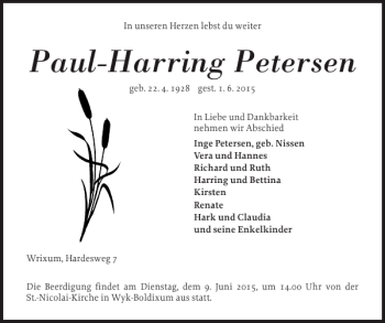 Traueranzeige von Paul-Harring Petersen von Der Insel-Bote