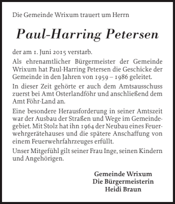 Traueranzeige von Paul-Harring Petersen von Der Insel-Bote