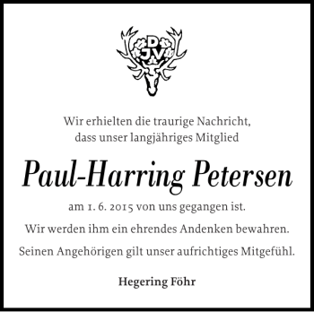 Traueranzeige von Paul-Harring Petersen von Der Insel-Bote
