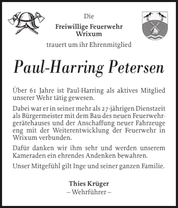 Traueranzeige von Paul-Harring Petersen von Der Insel-Bote