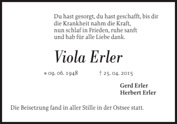 Traueranzeige von Viola Erler von Flensburger Tageblatt